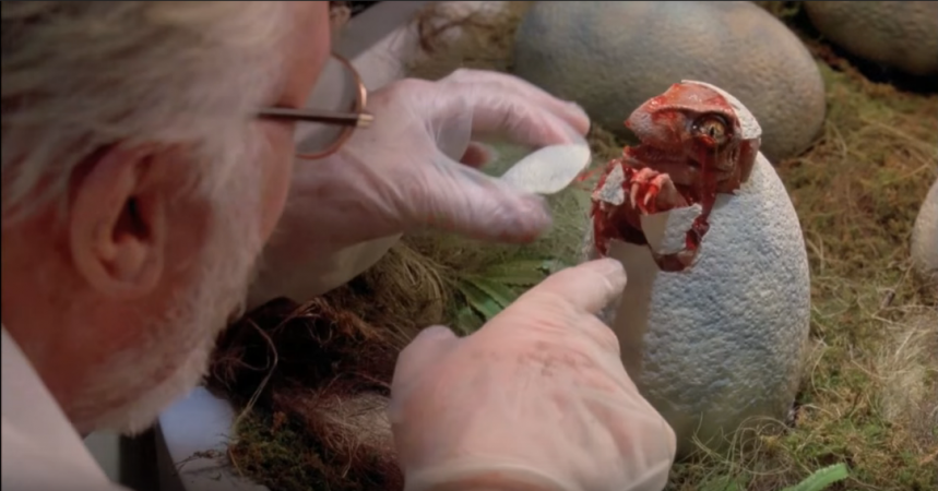 A clip from the movie, Jurassic Park, where in mosquitoes trapped in amber fossils were used to resurrect dinosaurs. jurassic park
