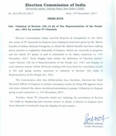 Notice issued by the Election Commission to Congress President Rahul Gandhi over an interview he gave to Gujarati news channel on Wednesday, December 13. ec copy