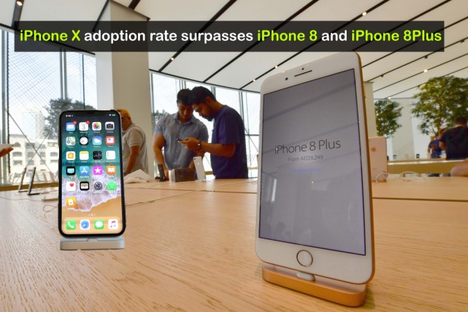 The new iPhone X is displayed at an Apple Store on November 3, 2017 in Palo Alto, California. The highly anticipated iPhone X went on sale around the world today. The new Apple iPhone 8 is on display at Dubai Mall Apple Store in Dubai, on September 23, 2017. The new Apple iPhone 8 and 8 Plus, as well as the updated Apple Watch and Apple TV, went on sale today. iPhone X adoption rate surpasses iPhone 8 Plus and iPhone 8