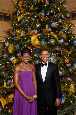 Barack Obama and Michelle Obama pose for a formal portrait on December 6, 2009 Michelle and Barack Obama