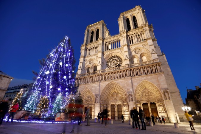 A giant Christmas tree stands in front Notre Dame Cathedral as the French capital prepares for the holiday season in Paris Christmas tree