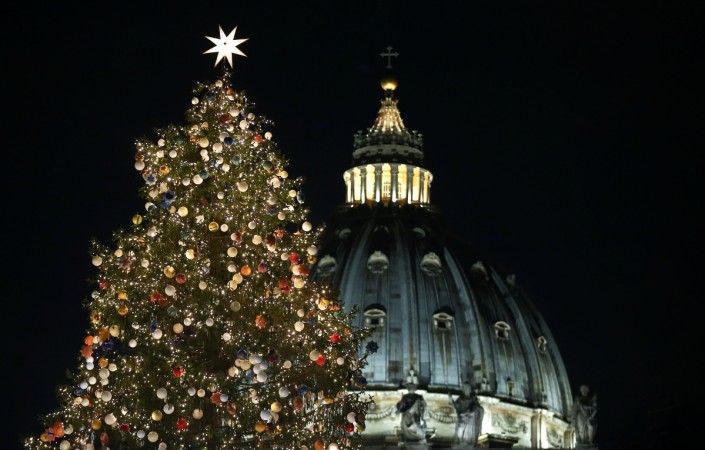 The Vatican Christmas tree is lit up after a ceremony in Saint Peter's Square at the Vatican, December 7, 2017 Christmas tree
