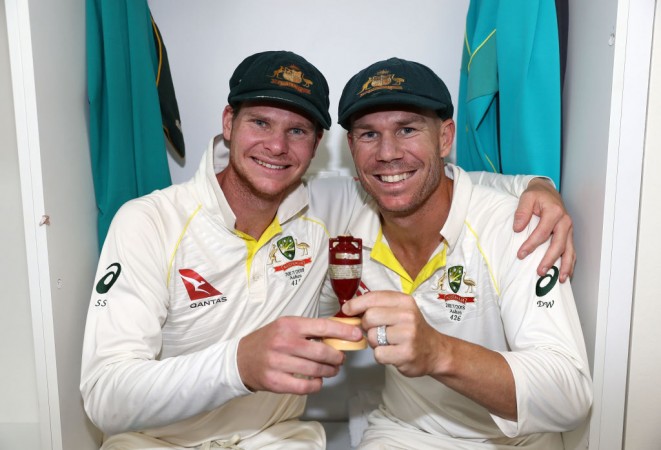 Steve Smith and David Warner pose with the Ashes urn after the WACA Test on December 18 Steve Smith, David Warner Ashes