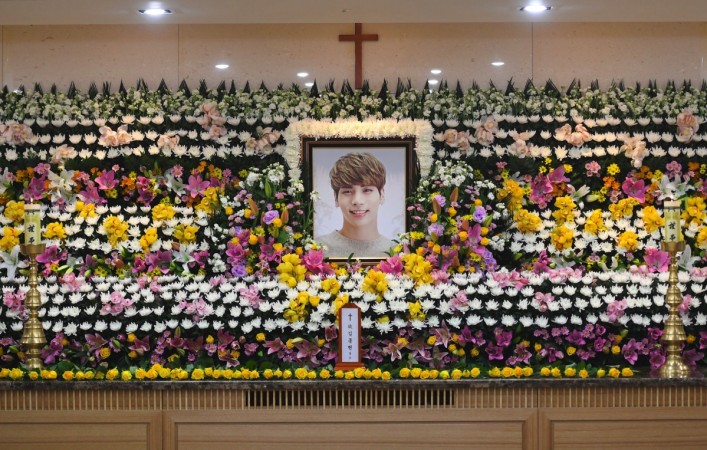 The portrait of Kim Jong-Hyun, a 27-year-old lead singer of the massively popular K-pop boyband SHINee, is seen on a mourning altar at a hospital in Seoul on December 19, 2017. Kim Jonghyun