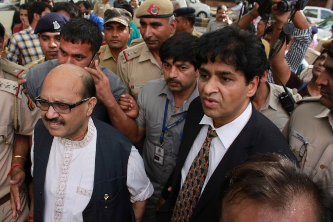 RLD leader Amar Singh and television producer Suhaib Ilyasi arrive at the venue of music launch of Suhaib Ilyasi