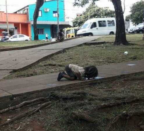The picture, which has shocked people across the globe, shows a girl who looks maximum three to four years old and hails from the indigenous Mbya Guarani community in Argentina. thirsty girl drinking from puddle
