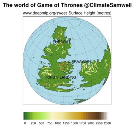The world of Game of Thrones, showing the positions of the continents over the globe. Light blue represents the ocean, and the colour scale over the continents shows the height of the mountains and hills. The world of Game of Thrones