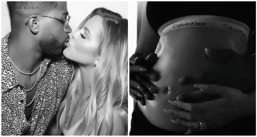 Khloe Kardashian and Tristan Thompson (L) are expecting their first child, which they announced on Instagram (R) right in time for Christmas. khloe kardashian pregnancy announcement