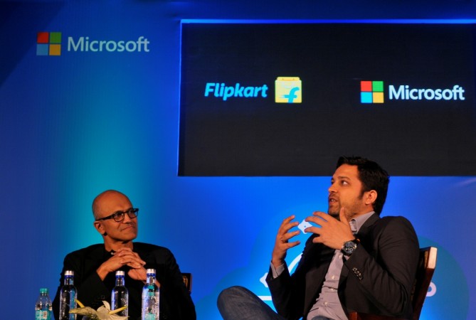 Microsoft Chief Executive Officer Satya Nadella and Flipkart Group Chief Executive Officer and co-founder Binny Bansal attend a news conference in Bengaluru, India, February 20, 2017. BENGALURU, IndiaMicrosoft Chief Executive Officer Satya Nadella and Flipkart Group Chief Executive Officer and co-founder Binny Bansal attend a news conference in Bengaluru, India, February 20, 2017. REUTERS/Abhishek N. Chinnappa
