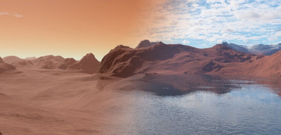 Image shows modern Mars (left) dry and barren, compared with the same scene over 3.5 billion years ago covered in water (right). The rocks of the surface were slowly reacting with the water, sequestering it into the Martian mantle leading to the dry, inhospitable scene shown on the left. Water on Mars