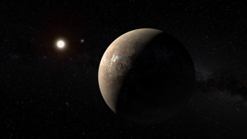 Artist's impression of the exoplanet Proxima Centauri b shown as of a arid (but not completely water-free) rocky Super-Earth. Proxima b, Alpha Centauri,