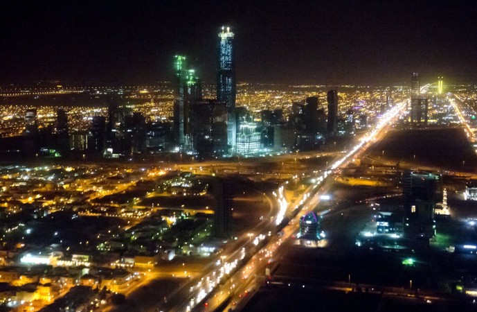 The skyline of Riyadh, Saudi Arabia, March 28, 2014, is seen at night in this aerial photograph from a helicopter. Riyadh