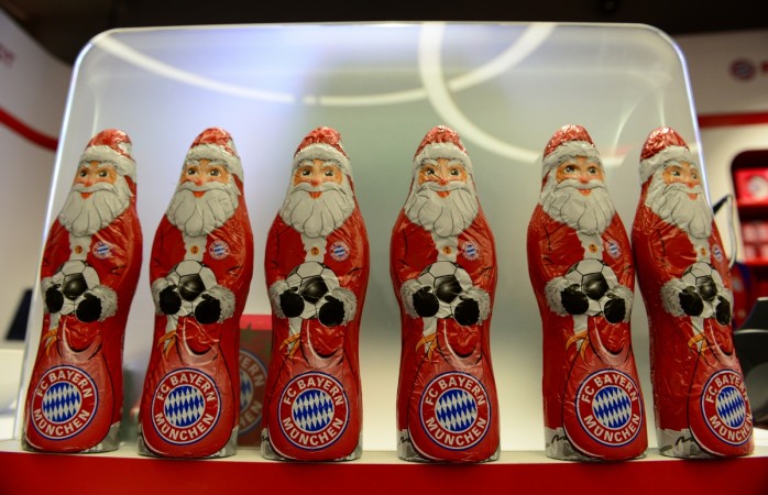 Chocolate Father Christmas figures bearing the logo of German first division Bundesliga football club FC Bayern Munich santa claus