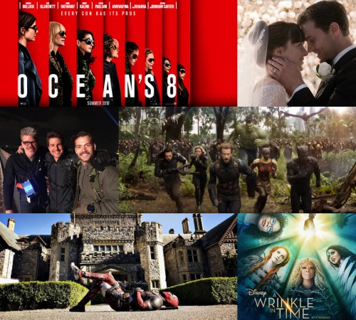 Top - Ocean's 8, Fifty Shades Freed; centre - Mission: Impossible 6, Avengers: Infinity War; bottom - Deadpool 2 and Disney's A Wrinkle in Time. Movies releasing in 2018, Ocean's 8, Fifty Shades Freed, Mission: Impossible 6, Avengers: Infinity War, Deadpool 2, Disney's A Wrinkle in Time.