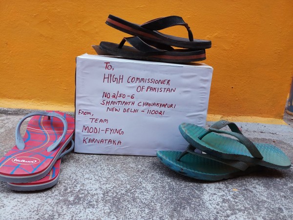 In picture: Footwear being sent to the Pakistan High Commission in Delhi. Juta Bhejo Pakistan