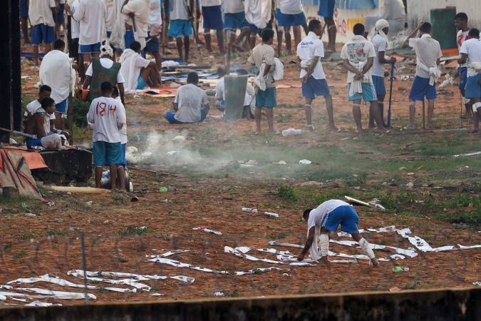 Inmates are seen at the vandalised facilities of the Alcacuz Penitentiary Center during a riot in Rio Grande do Norte, Brazil on January 18, 2017. brazil prison