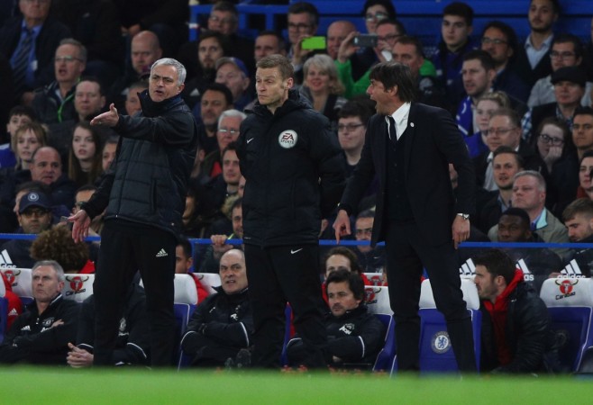 Jose Mourinho and Antonio Conte clash during the FA Cup Quarter-Final match between Chelsea and Manchester United at Stamford Bridge on March 13, 2017 conte, mourinho