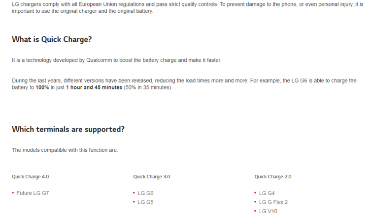 The LG G7 name has been mentioned in this LG UK webpage describing Qualcomm's Quick Charge 4.0 technology. (screenshot) LG UK lists LG G7