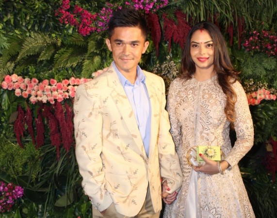 Sunil Chhetri along with his wife Sonam Bhattacharjee at the wedding reception of Indian cricket captain Virat Kohli and actress Anushka Sharma in Mumbai on Dec 26, 2017 sunil chhetri