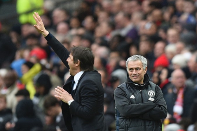 Manchester United's Portuguese manager Jose Mourinho (R) looks on as Chelsea's Italian head coach Antonio Conte (L) gestures during the English Premier League football match between Manchester United and Chelsea at Old Trafford in Manchester, on April 16 mourinho, conte