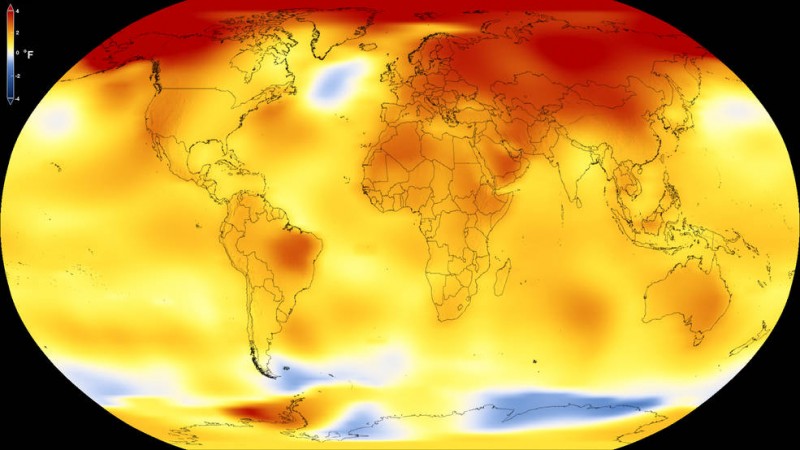 This map shows Earth's average global temperature from 2013 to 2017, as compared to a baseline average from 1951 to 1980. Yellows, oranges, and reds show regions warmer than the baseline. Global Warming