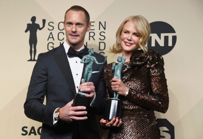 Alexander Skarsgard (L), winner of Outstanding Performance by a Male Actor in a Miniseries or Television Movie for 'Big Little Lies,' and actor Nicole Kidman, winner of Outstanding Performance by a Female Actor in a Miniseries or Television Movie for 'Big Little Lies,' pose in the press room during the 24th Annual Screen Actors Guild Awards Alexander Skarsgard, Nicole Kidman, SAG awards 2018, Big Little Lies