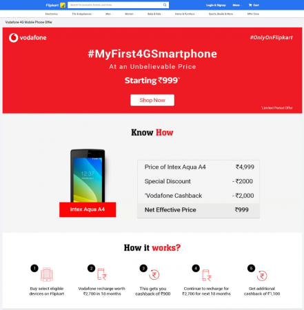 Flipkart's #MyFirst4GSmartphone banner (screenshot) Flipkart-Vodafone #MyFirst4GSmartphone Scheme