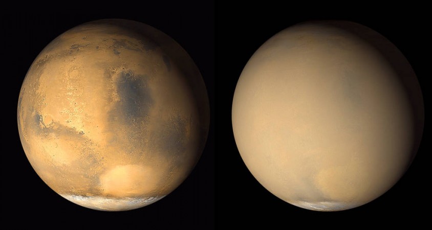 Two 2001 images from the Mars Orbiter Camera on NASA's Mars Global Surveyor orbiter show a dramatic change in the planet's appearance when haze raised by dust-storm activity in the south became globally distributed. The images were taken about a month apart. Mars