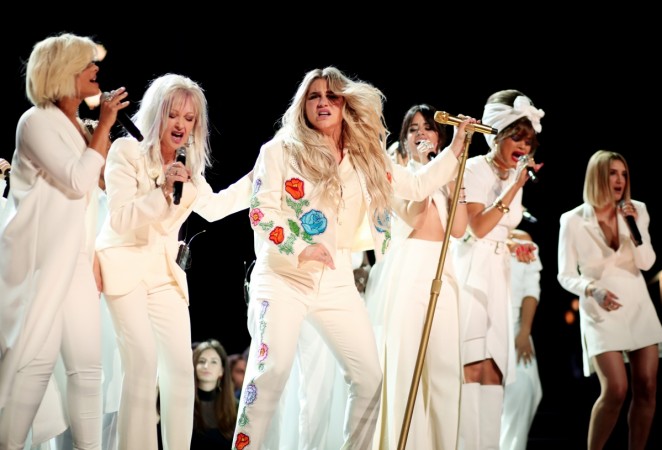 (L-R) Bebe Rexha, Cyndi Lauper, Kesha; Camila Cabello, Andra Day, Kesha and Julia Michaels perform onstage during the 60th Annual GRAMMY Awards at Madison Square Garden on January 28, 2018 in New York City. kesha
