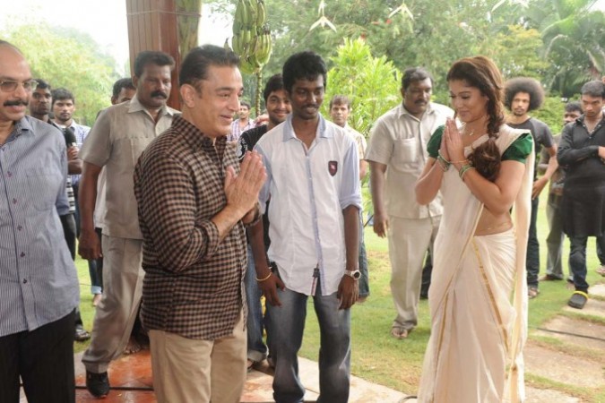 A picture of Kamal Haasan and Nayanthara at the launch of Raja Rani. Kamal Haasan with Nayanthara