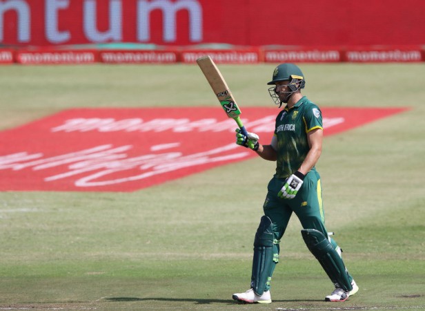 Faf du Plessis celebrates reaching a half century the 1st Momentum ODI match between South Africa and India at Sahara Stadium Kingsmead on February 01, 2018 in Durban, South Africa. Faf du Plessis