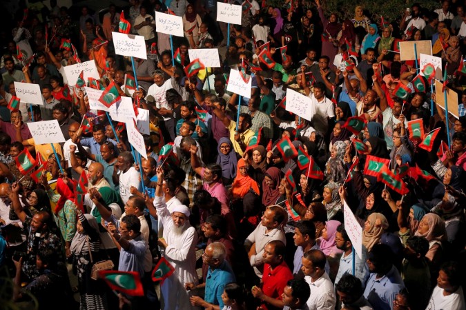Opposition supporters protest against the government's delay in releasing their jailed leaders, including former president Mohamed Nasheed Maldives