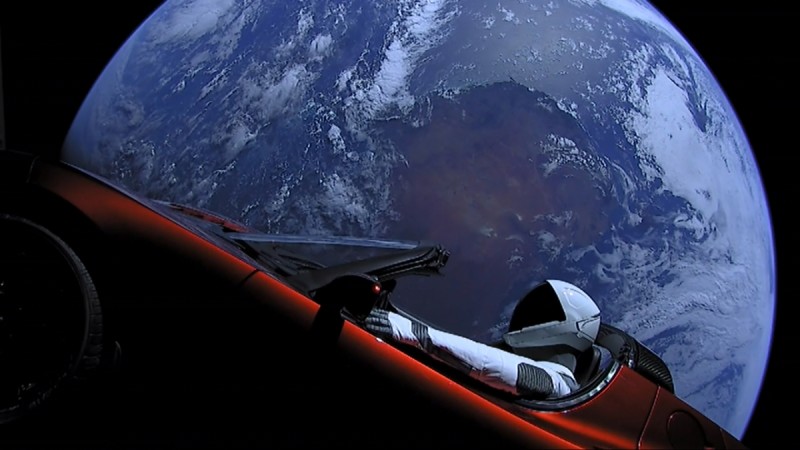 In this handout photo provided by SpaceX, a Tesla roadster launched from the Falcon Heavy rocket with a dummy driver named 'Starman' heads towards Mars. Tesla roadster in space