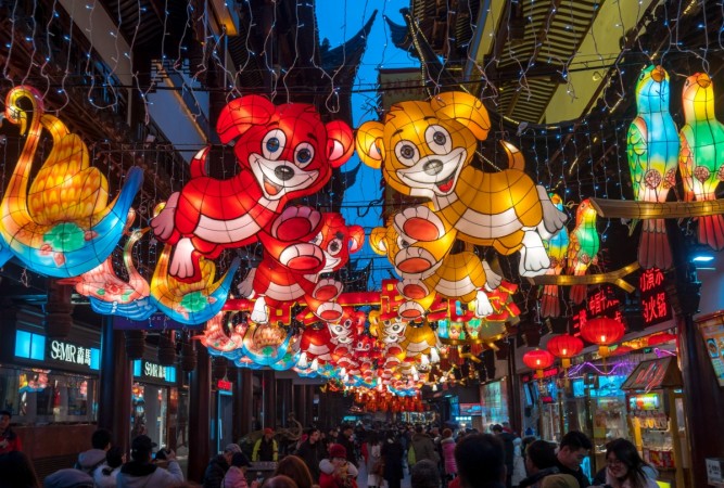 This photo taken on February 5, 2018 shows dog lanterns displayed at the Yu Garden in Shanghai, ahead of the coming Lunar New year, marking the Year of the Dog. Chinese New Year 2018 photos