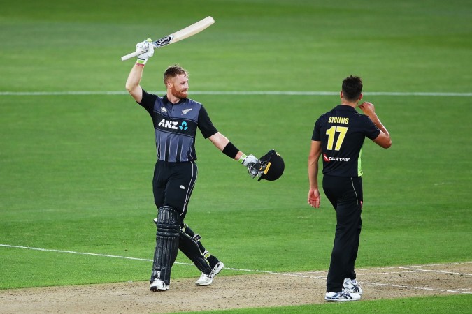 Martin Guptill of the Black Caps celebrates after scoring a century during the International Twenty20 match between New Zealand and Australia at Eden Park on February 16, 2018 in Auckland martin guptill