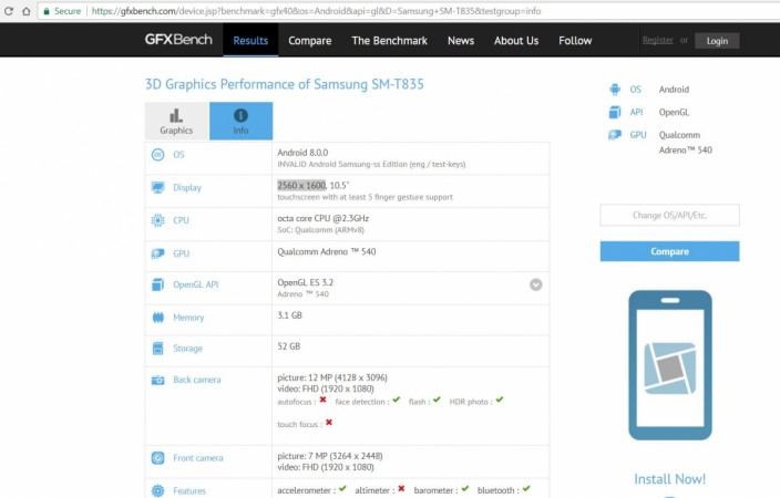 Samsung Galaxy Tab S4 spotted on GFXBench: CPU, camera and more details revealed Samsung, Galaxy Tab S4, GFXBench, performance benchmarking site,