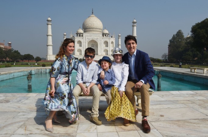 Prime Minister of Canada Justin Trudeau, his wife Sophie Gregoire and their children pose for a photograph during their visit to Taj Mahal in Agra on February 18, 2018. Justin Trudeau taj mahal