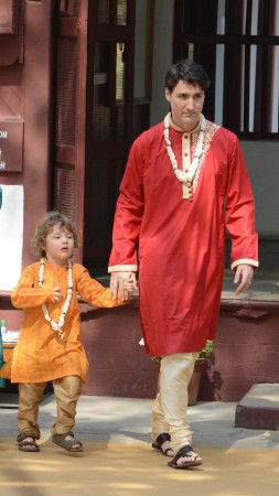 Canadian Prime Minister Justin Trudeau walks with his son Hadrien (L) during their visit to Gandhi Ashram in Ahmedabad on February 19, 2018 Hadrien Trudeau, son of Canadian Prime Minister Justin Trudeau