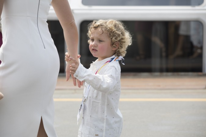 Sophie Gregoire, wife of Justin Trudeau, Prime Minister of Canada, holds her son Hadrien's hand as they leave the boat 'Diplomat' on the river Elbe while taking part in the G20 Summit Spouse Programme on July 7, 2017 in Hamburg, Germany. Hadrien Trudeau, son of Canadian Prime Minister Justin Trudeau