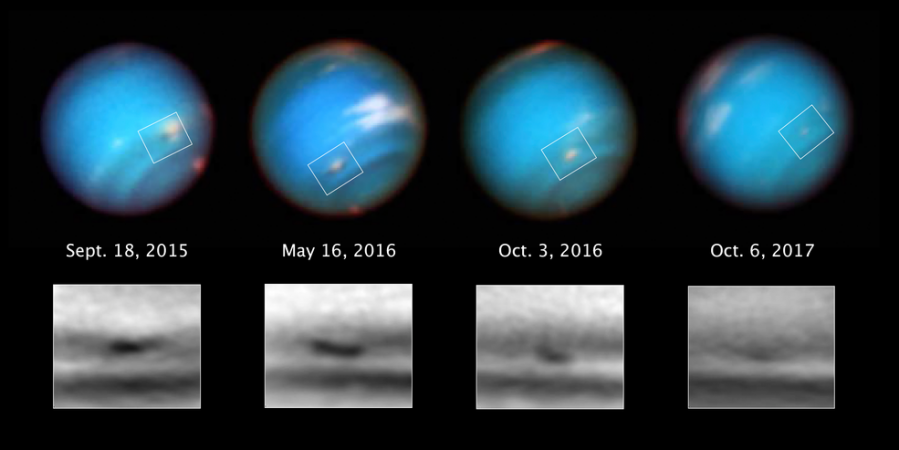 This series of Hubble Space Telescope images taken over 2 years tracks the demise of a giant dark vortex on the planet Neptune. The oval-shaped spot has shrunk from 3,100 miles across its long axis to 2,300 miles across, over the Hubble observation period. Neptune storm