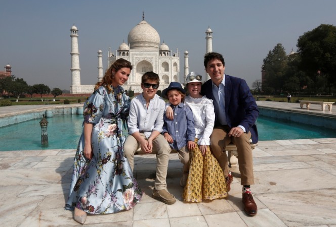 Canadian Prime Minister Justin Trudeau, his wife Sophie Gregoire Trudeau, their daughter Ella Grace and sons Hadrien and Xavier pose in front of the Taj Mahal in Agra. Justin Trudeau