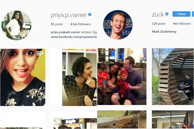 Priya Prakash Varrier, Mark Zuckerberg Instagram profiles Priya Prakash Varrier, Mark Zuckerberg Instagram profiles