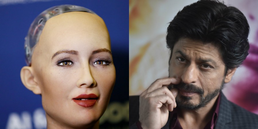 Robot Sophia (left) and Shah Rukh Khan Robot Sophia and Shah Rukh Khan
