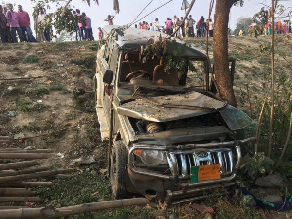 A Mahindra Bolero that lost control and rammed into a government school building crushing 9 kids to death and injuring 24 at Ahiyapur in Muzaffarpur of Bihar on Feb 24, 2018. bjp leader bolero