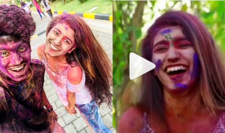 On the left: Priya Prakash Varrier poses with Oru Adaar Love co-star Roshan Abdul On the right: A screenshot of Priya Prakash Varrier's Holi video Priya Prakash Varrier