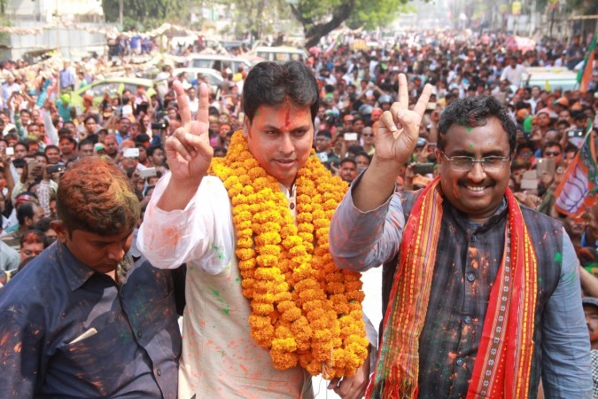 Tripura BJP president Biplab Kumar Deb along with the party's National General Secretary Ram Madhav celebrate the party's performance in the recently concluded Tripura assembly elections, in Agartala on March 3, 2018. ripura BJP president Biplab Kumar Deb along with the party's National General Secretary Ram Madhav celebrate the party's performance in the recently concluded Tripura assembly elections, in Agartala on March 3, 2018.