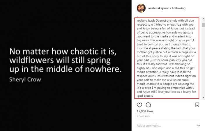 A user replies to Anshula Kapoor's post Anshula Kapoor