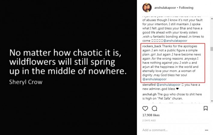 A user replies to Anshula Kapoor on her post Anshula Kapoor