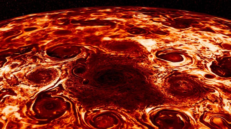 This composite image shows the central cyclone at Jupiter's north pole and the eight cyclones that encircle it. This composite image shows the central cyclone at Jupiter's north pole and the eight cyclones that encircle it