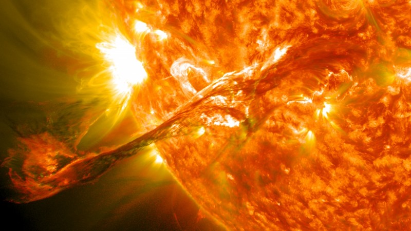 On August 31, 2012 a long filament of solar material that had been hovering in the sun's atmosphere, the corona, erupted out into space at 4:36 p.m. EDT. The coronal mass ejection, or CME, traveled at over 900 miles per second. The CME did not travel directly toward Earth, but did connect with Earth's magnetic environment, or magnetosphere, causing aurora to appear on the night of Monday, September 3. Pictured here is a lighten blended version of the 304 and 171 angstrom wavelengths. Solar flare